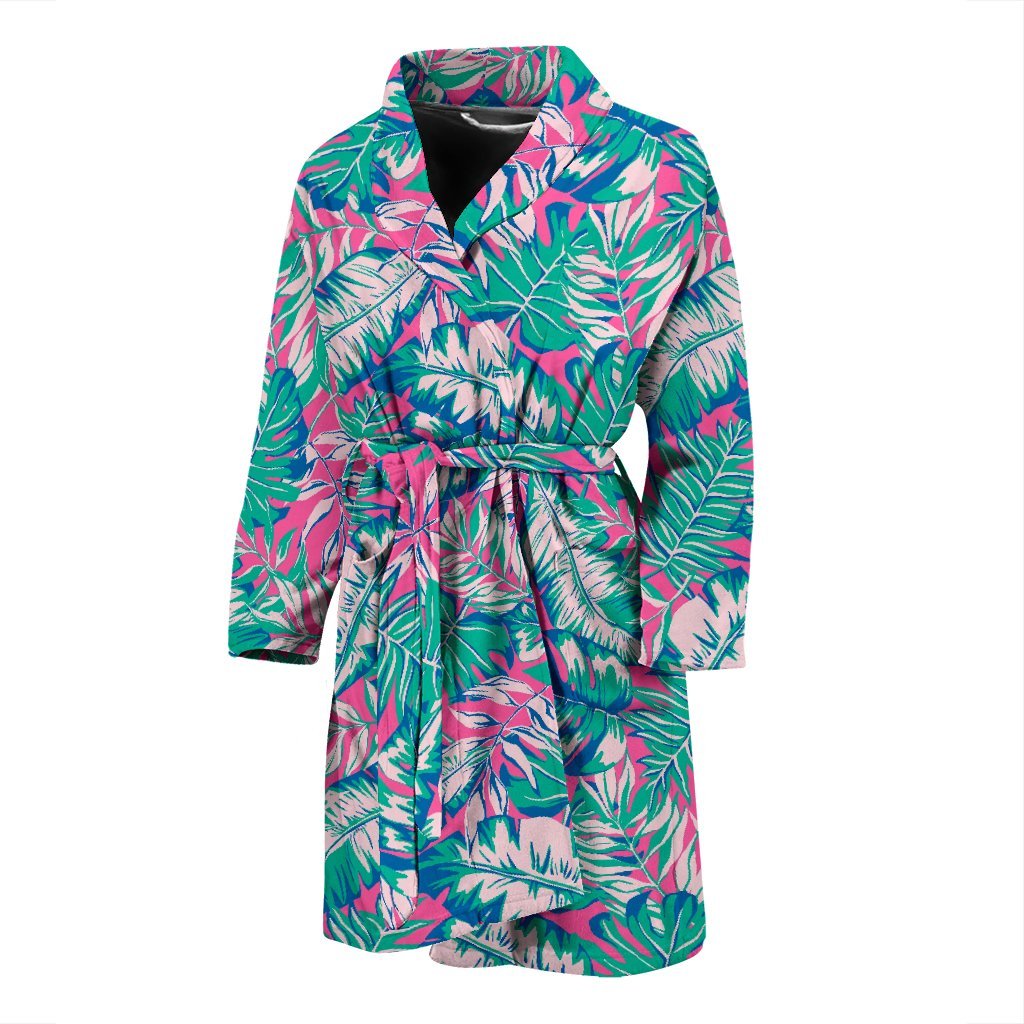 Pink Tropical Palm Leaves Hawaiian Pattern Print Men Long Robe-grizzshop