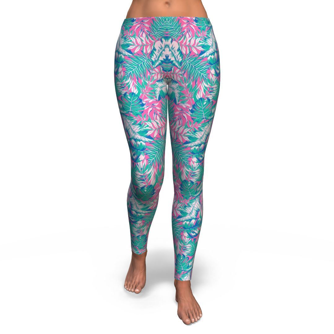 Pink Tropical Palm Leaves Hawaiian Pattern Print Pattern Women Leggings-grizzshop