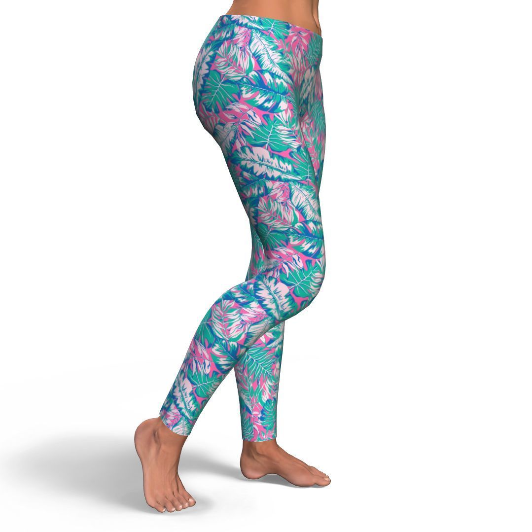 Pink Tropical Palm Leaves Hawaiian Pattern Print Pattern Women Leggings-grizzshop