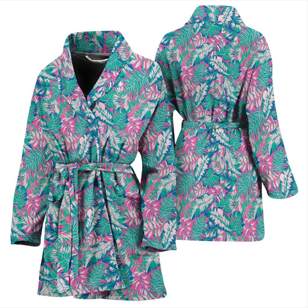 Pink Tropical Palm Leaves Hawaiian Pattern Print Women Long Robe-grizzshop