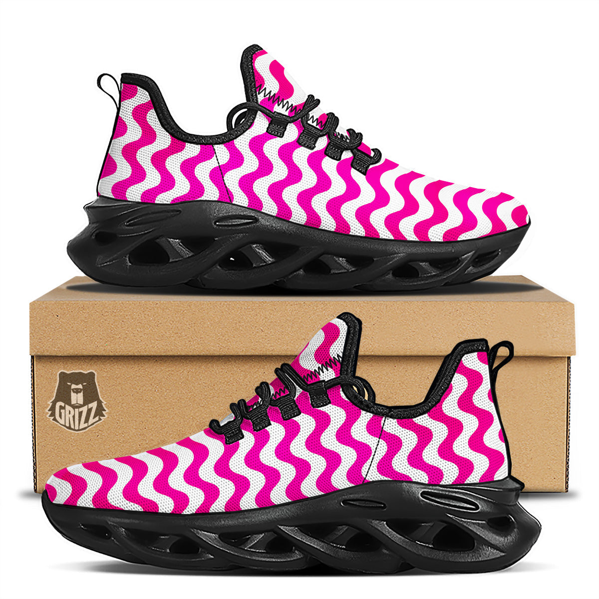 Pink Wave Striped Print Black Running Shoes-grizzshop
