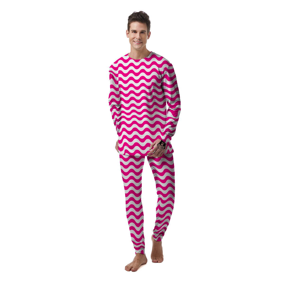 Pink Wave Striped Print Men's Pajamas-grizzshop