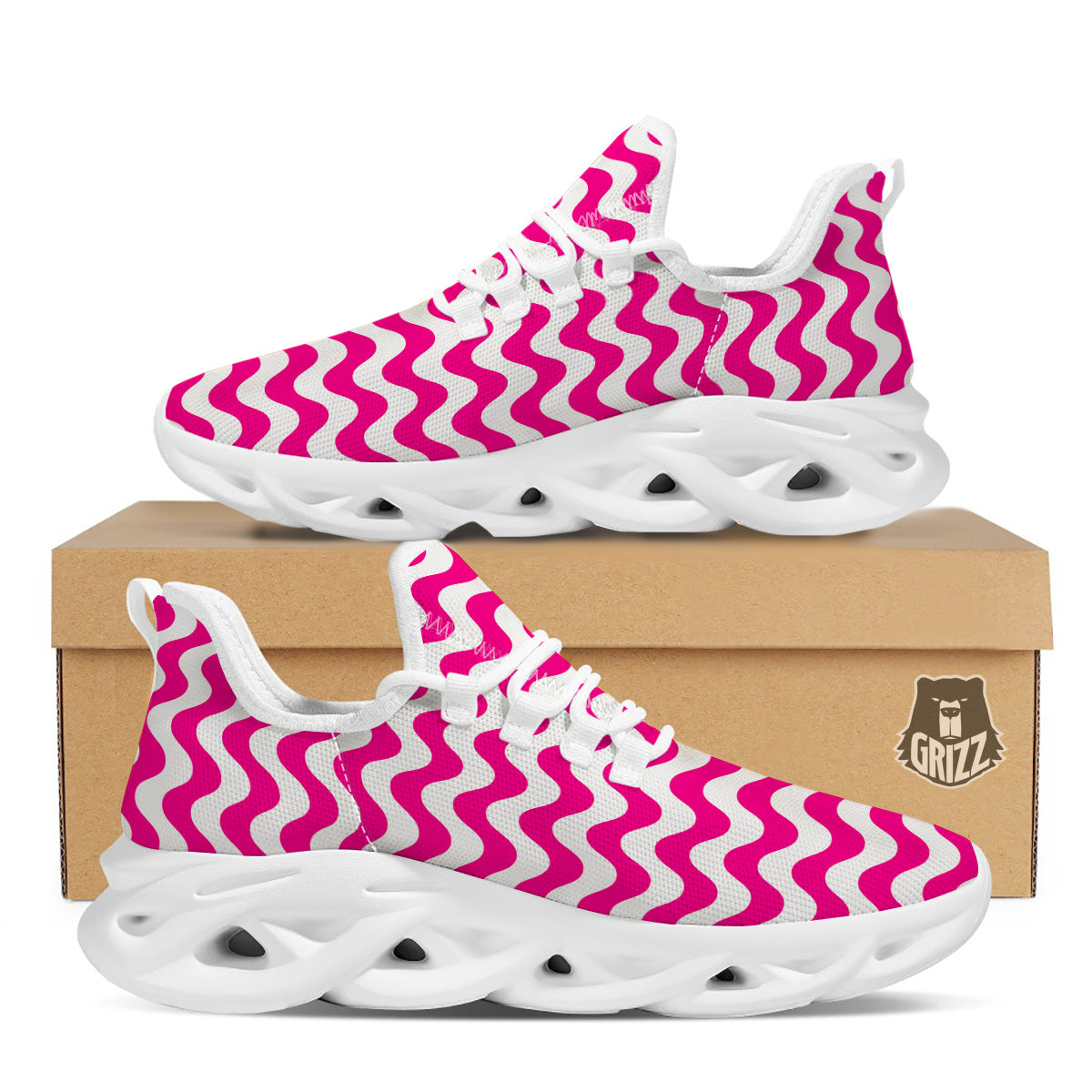 Pink Wave Striped Print White Running Shoes-grizzshop