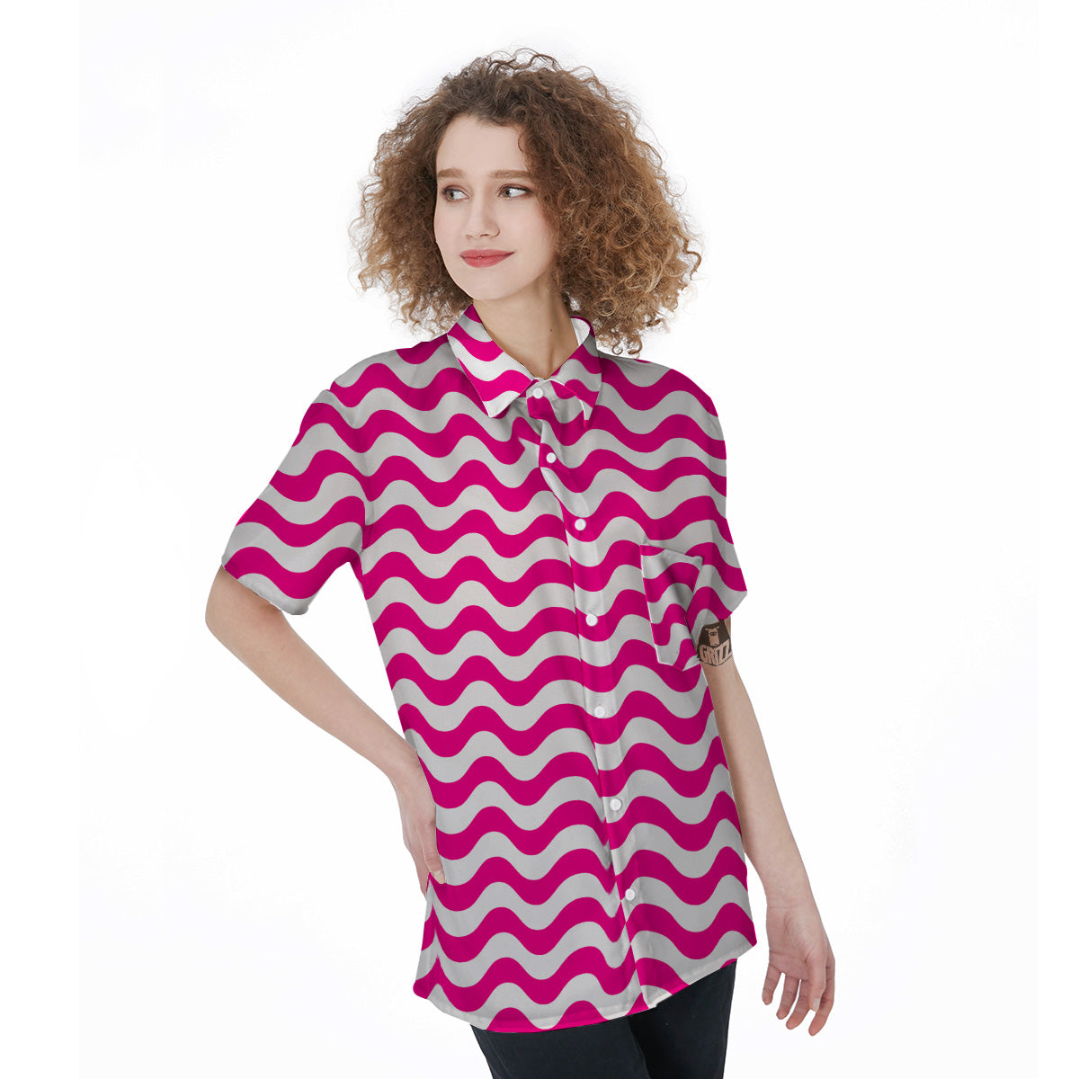 Pink Wave Striped Print Women's Short Sleeve Shirts-grizzshop