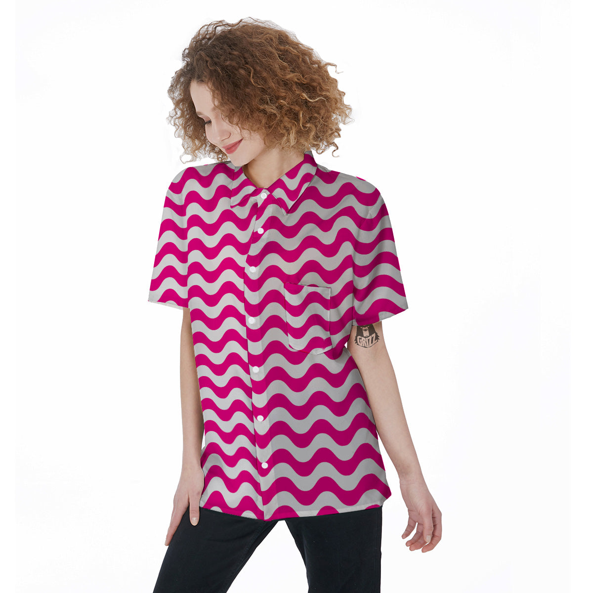Pink Wave Striped Print Women's Short Sleeve Shirts-grizzshop