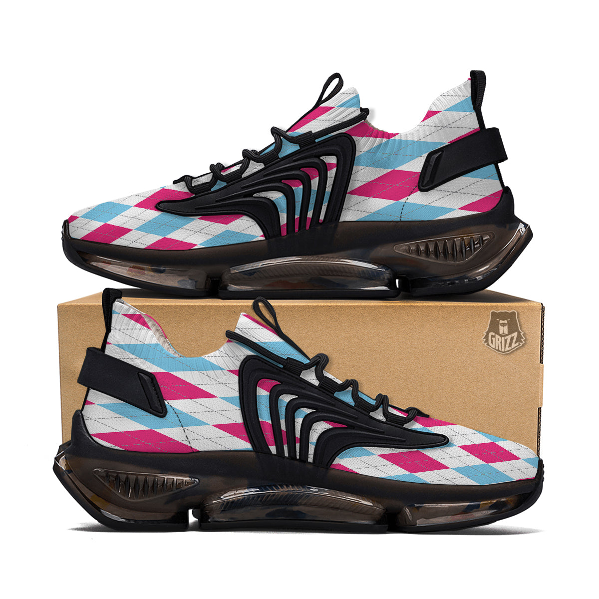 Pink White And Blue Argyle Print Pattern Black Gym Shoes-grizzshop