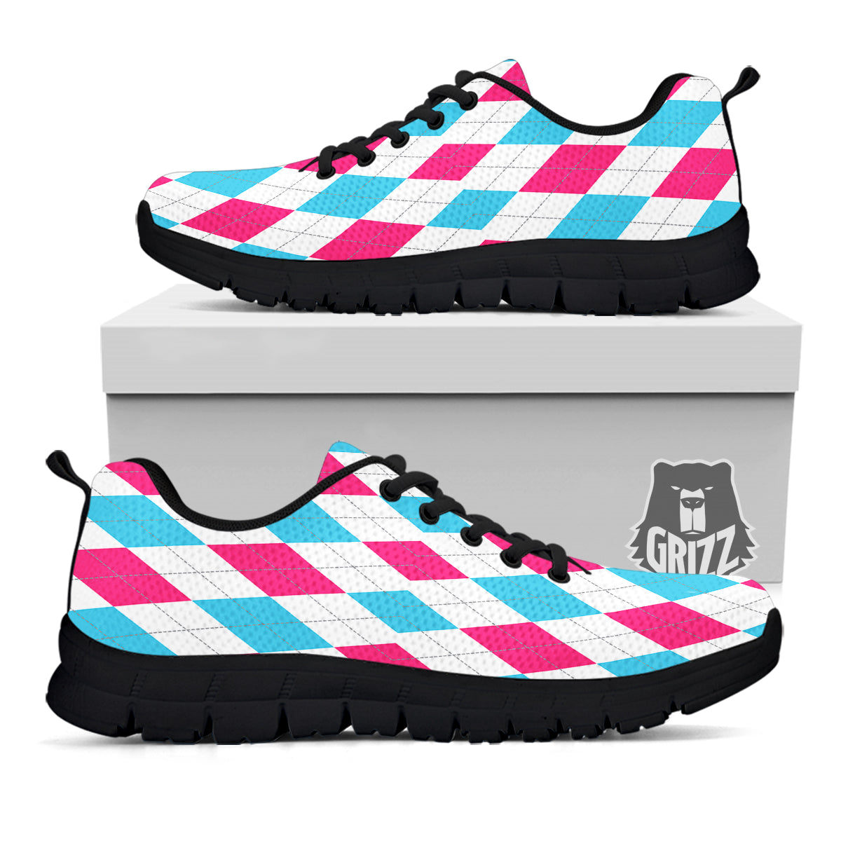 Pink White And Blue Argyle Print Pattern Black Sneaker-grizzshop