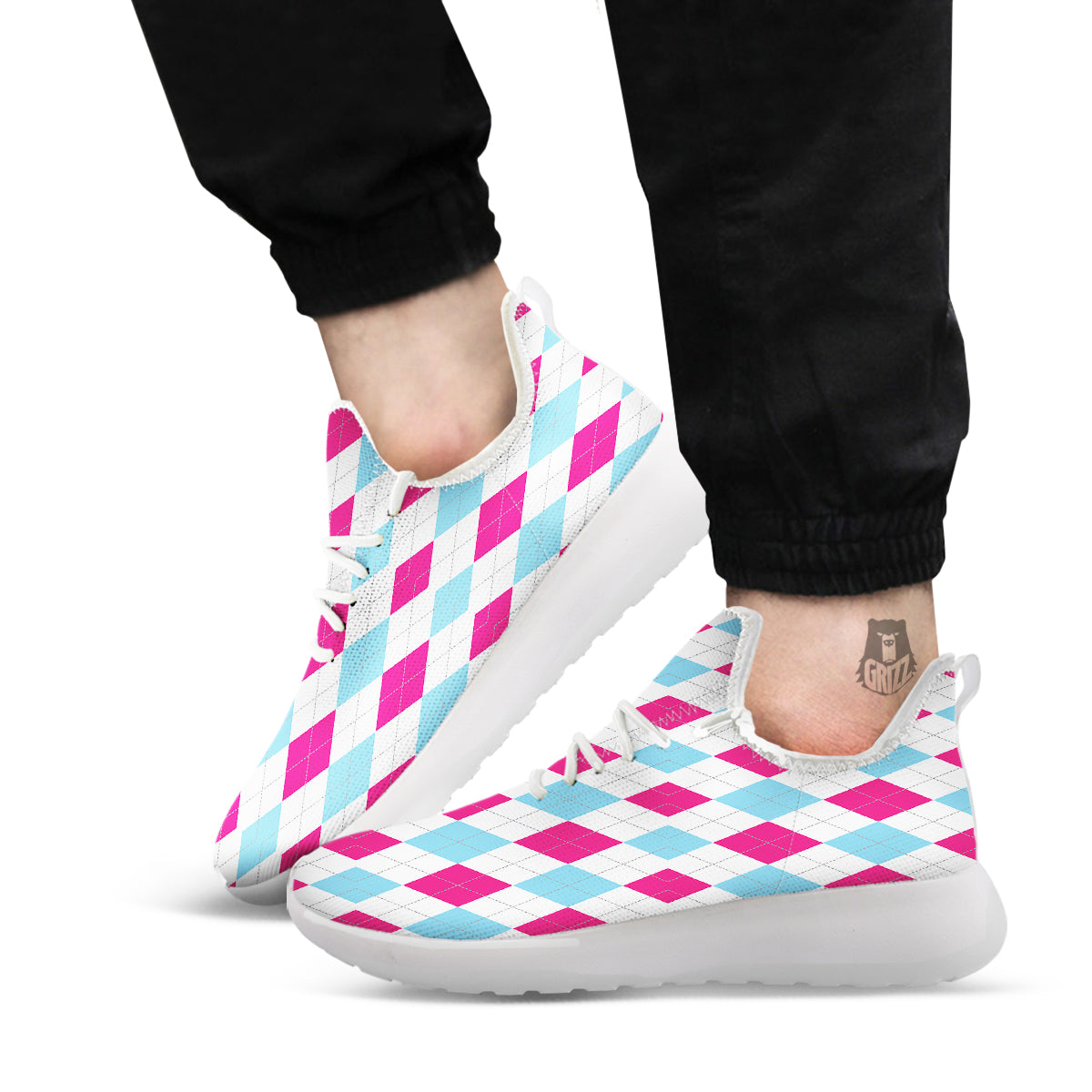 Pink White And Blue Argyle Print Pattern White Athletic Shoes-grizzshop