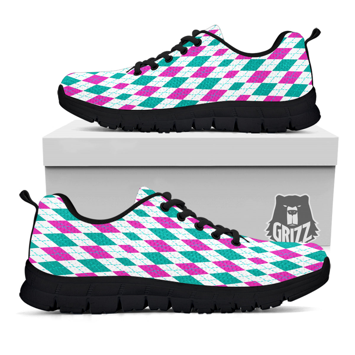 Pink White And Green Argyle Print Pattern Black Sneaker-grizzshop