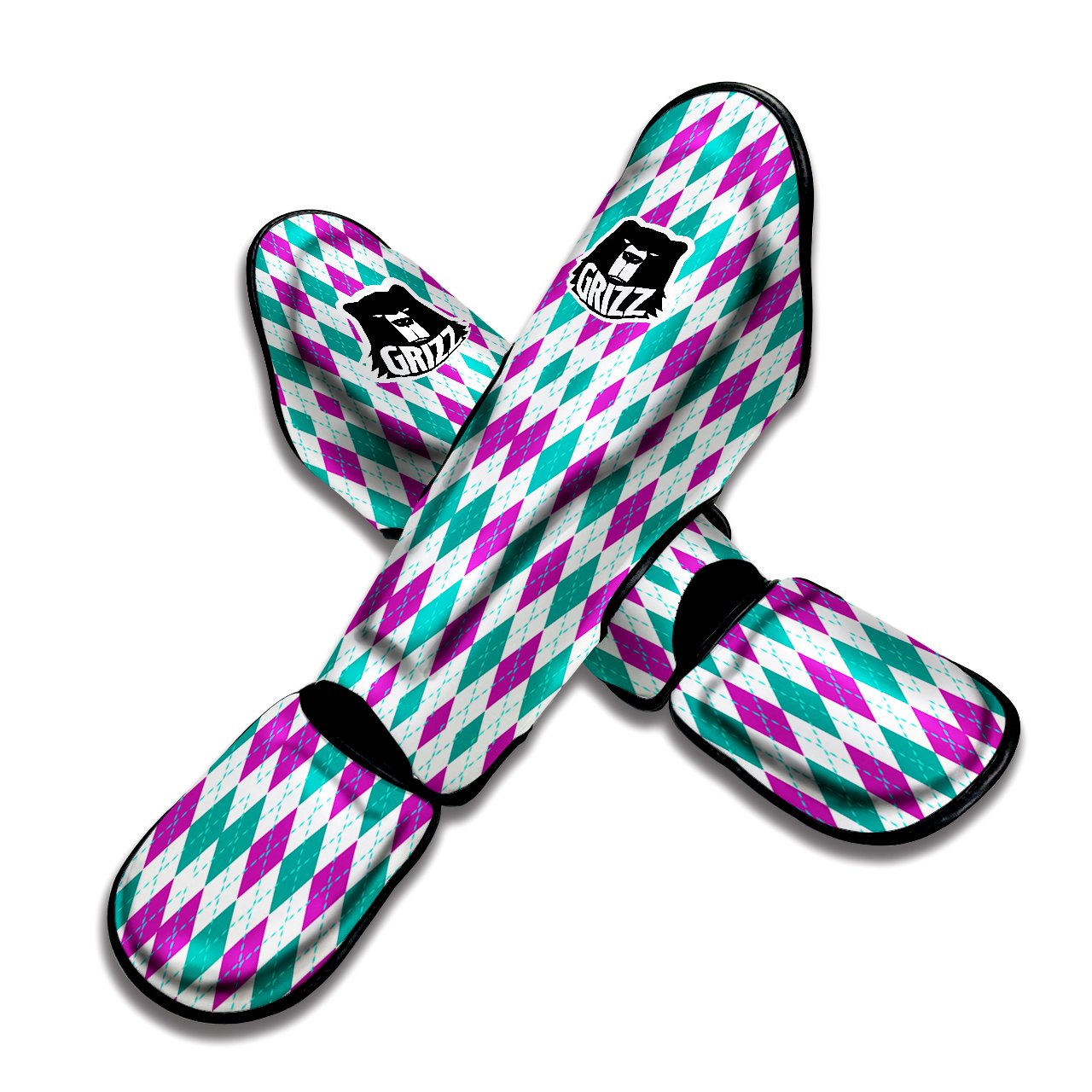 Pink White And Green Argyle Print Pattern Muay Thai Shin Guards-grizzshop