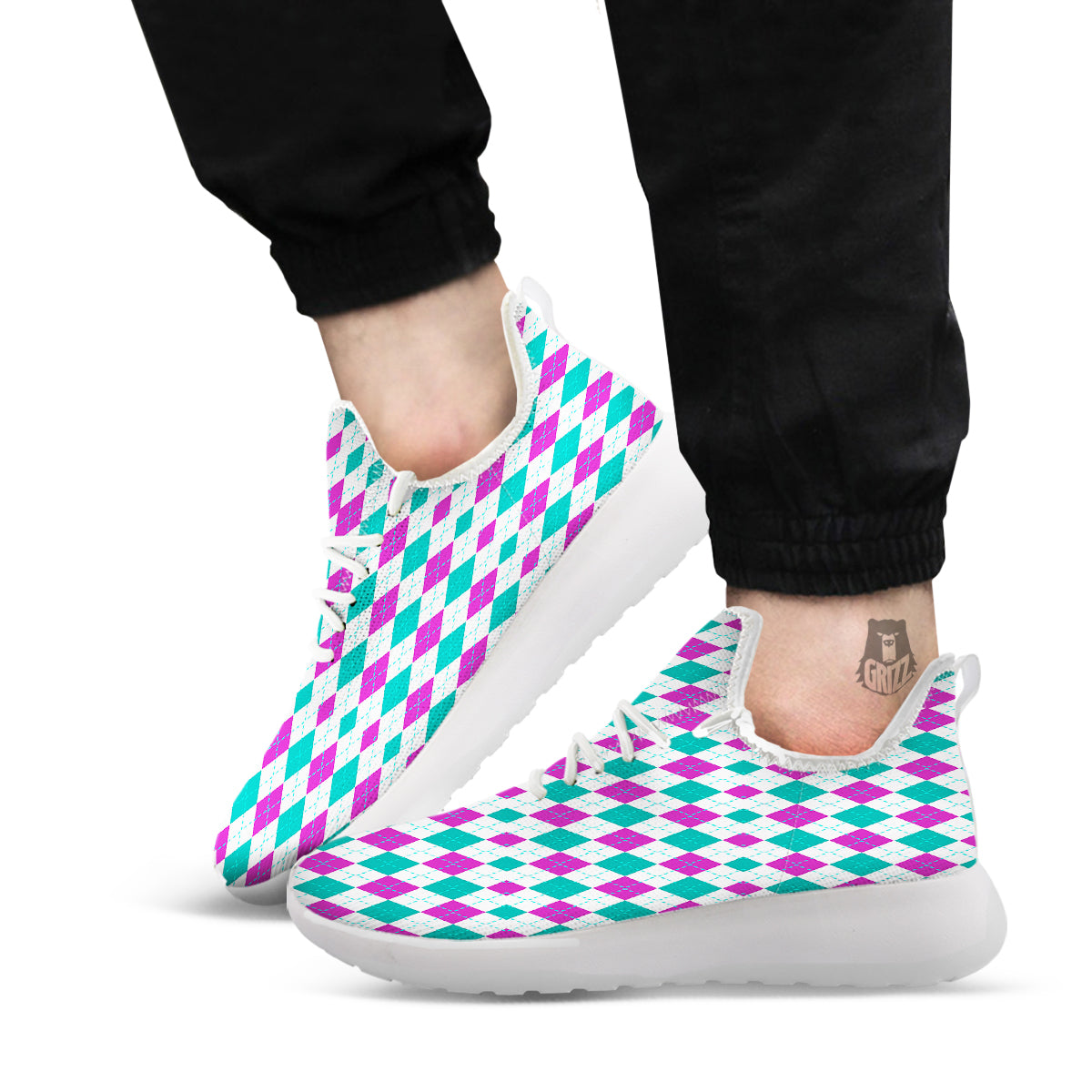 Pink White And Green Argyle Print Pattern White Athletic Shoes-grizzshop