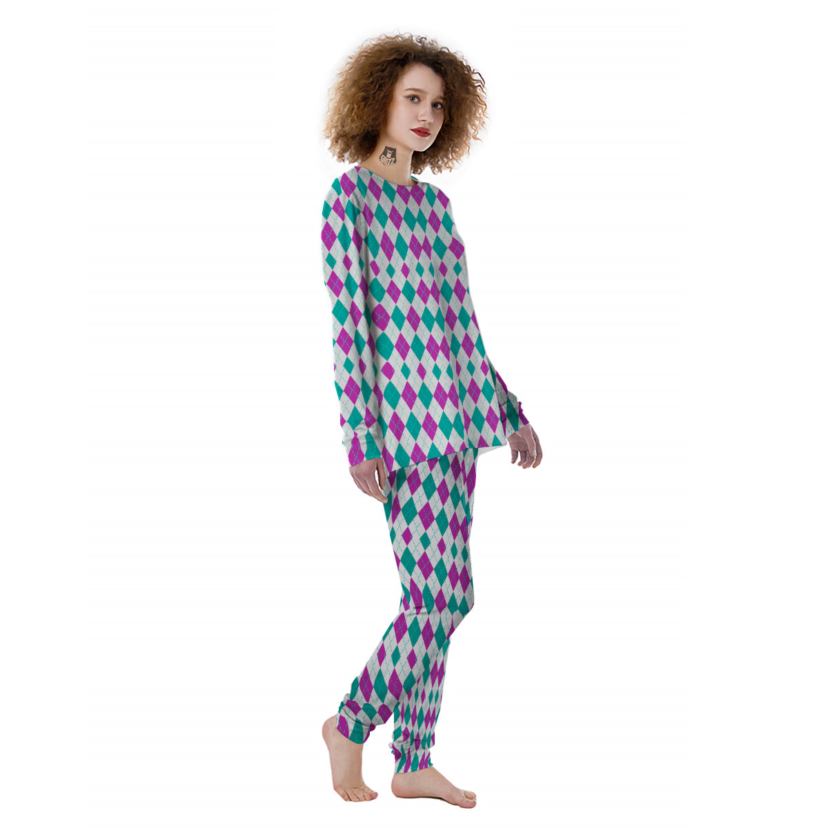 Pink White And Green Argyle Print Pattern Women's Pajamas-grizzshop