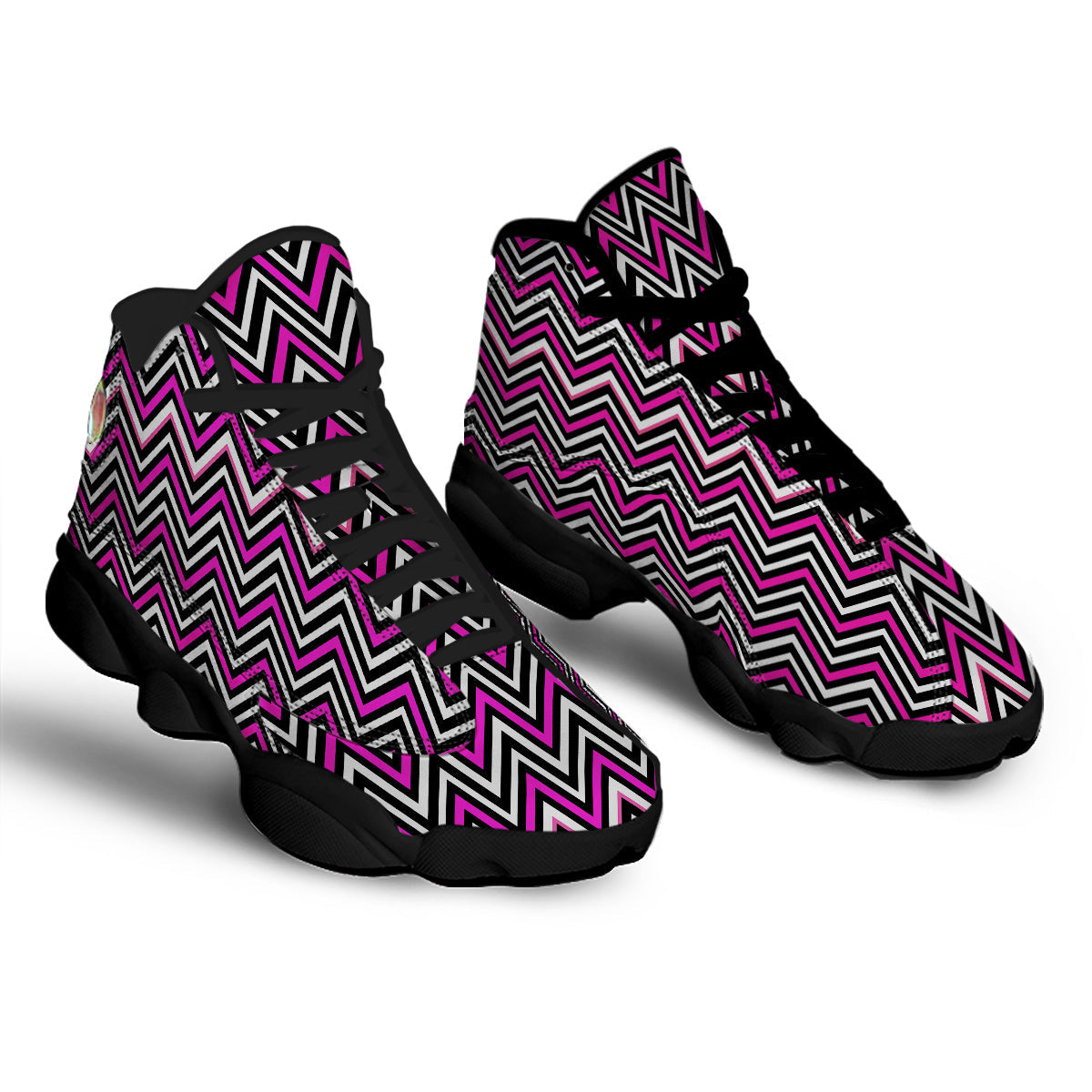 Pink White Black Zigzag Print Pattern Black Basketball Shoes-grizzshop