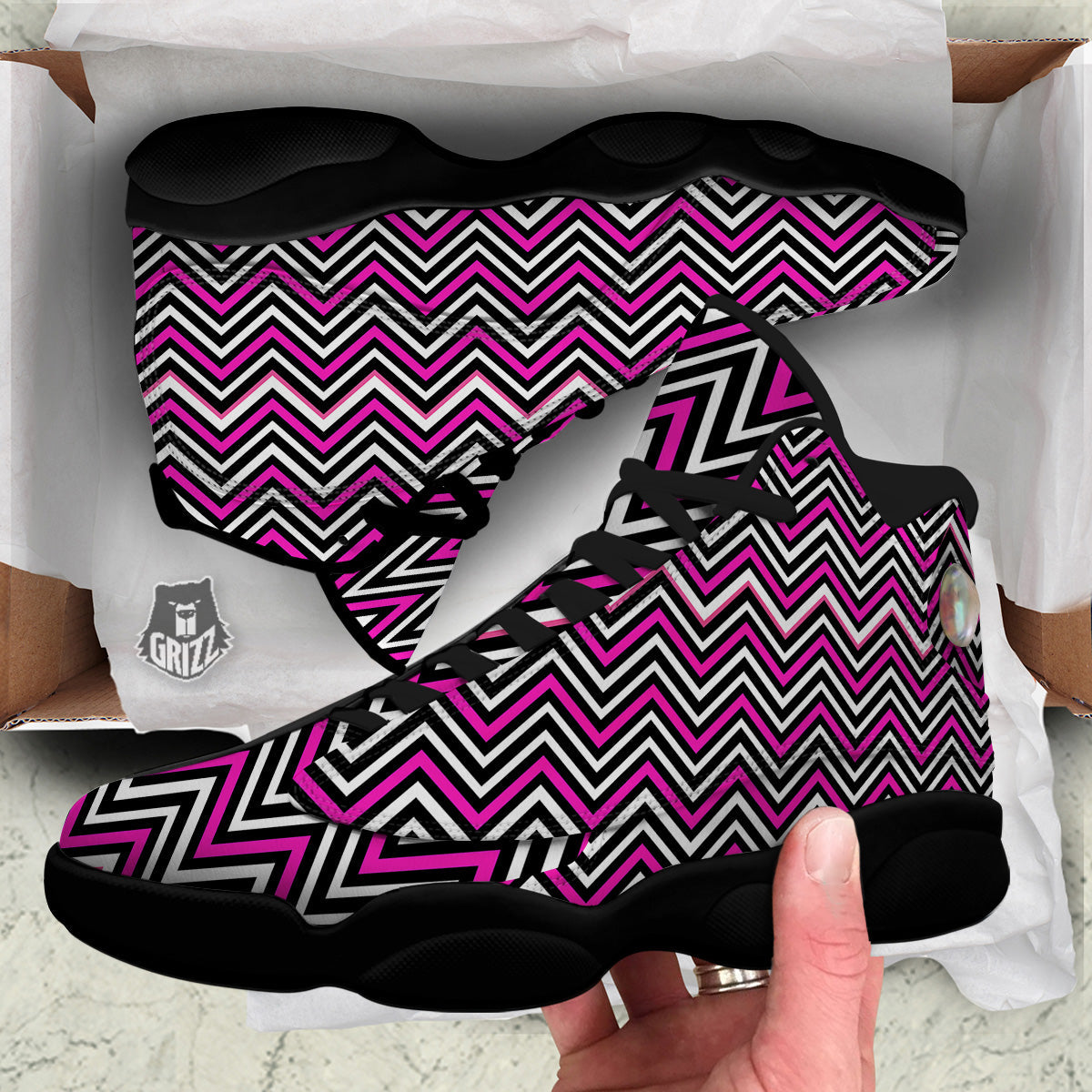 Pink White Black Zigzag Print Pattern Black Basketball Shoes-grizzshop