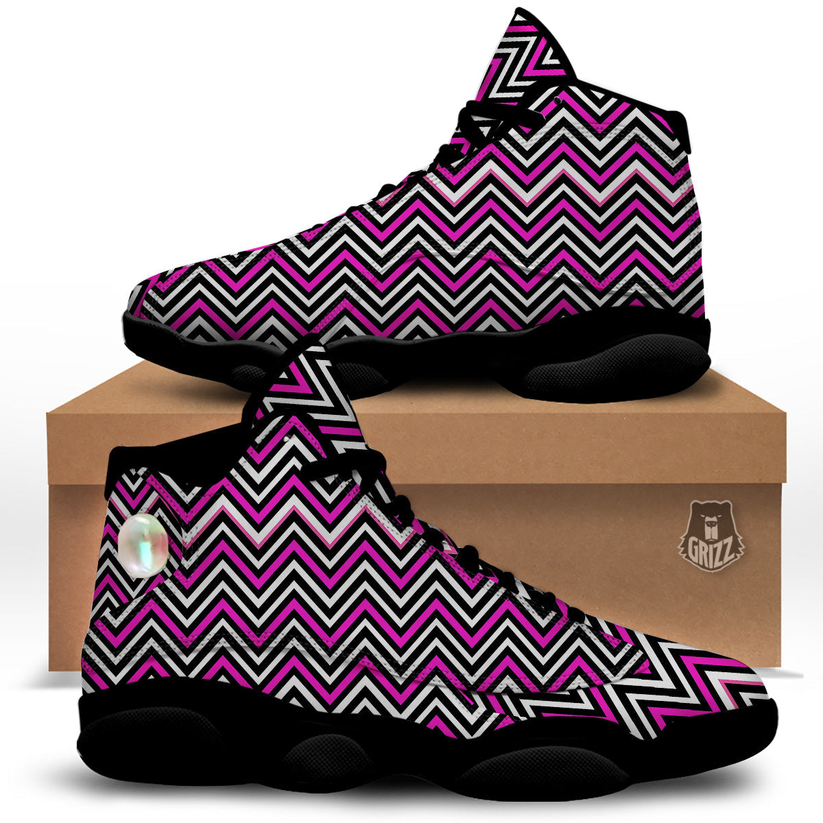 Pink White Black Zigzag Print Pattern Black Basketball Shoes-grizzshop