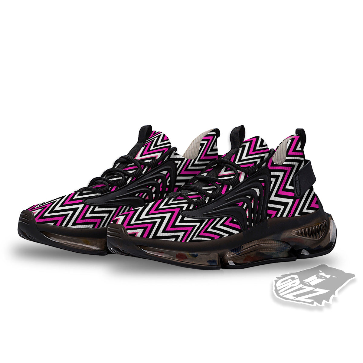 Pink White Black Zigzag Print Pattern Black Gym Shoes-grizzshop