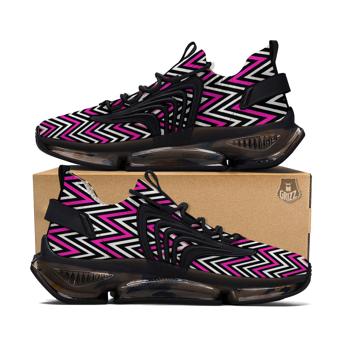 Pink White Black Zigzag Print Pattern Black Gym Shoes-grizzshop