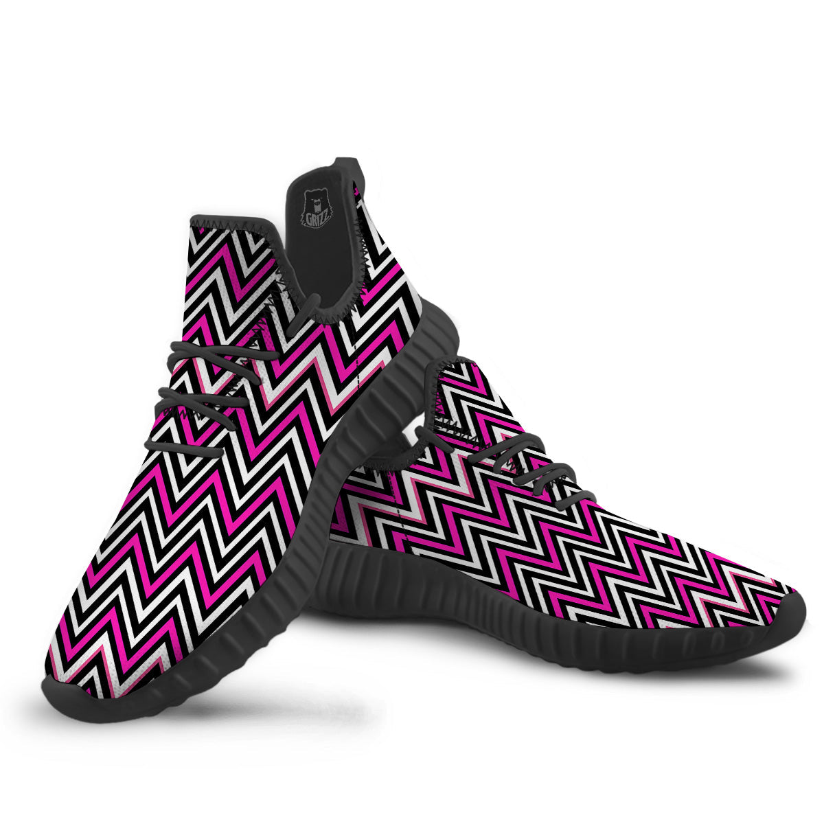Pink White Black Zigzag Print Pattern Black Walking Shoes-grizzshop