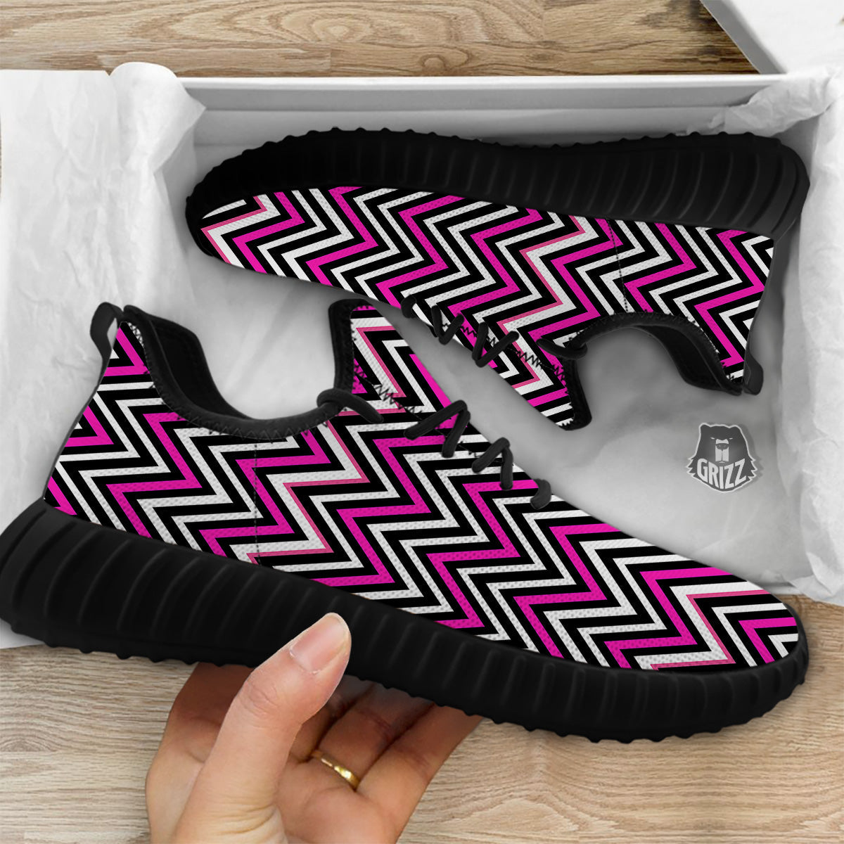 Pink White Black Zigzag Print Pattern Black Walking Shoes-grizzshop