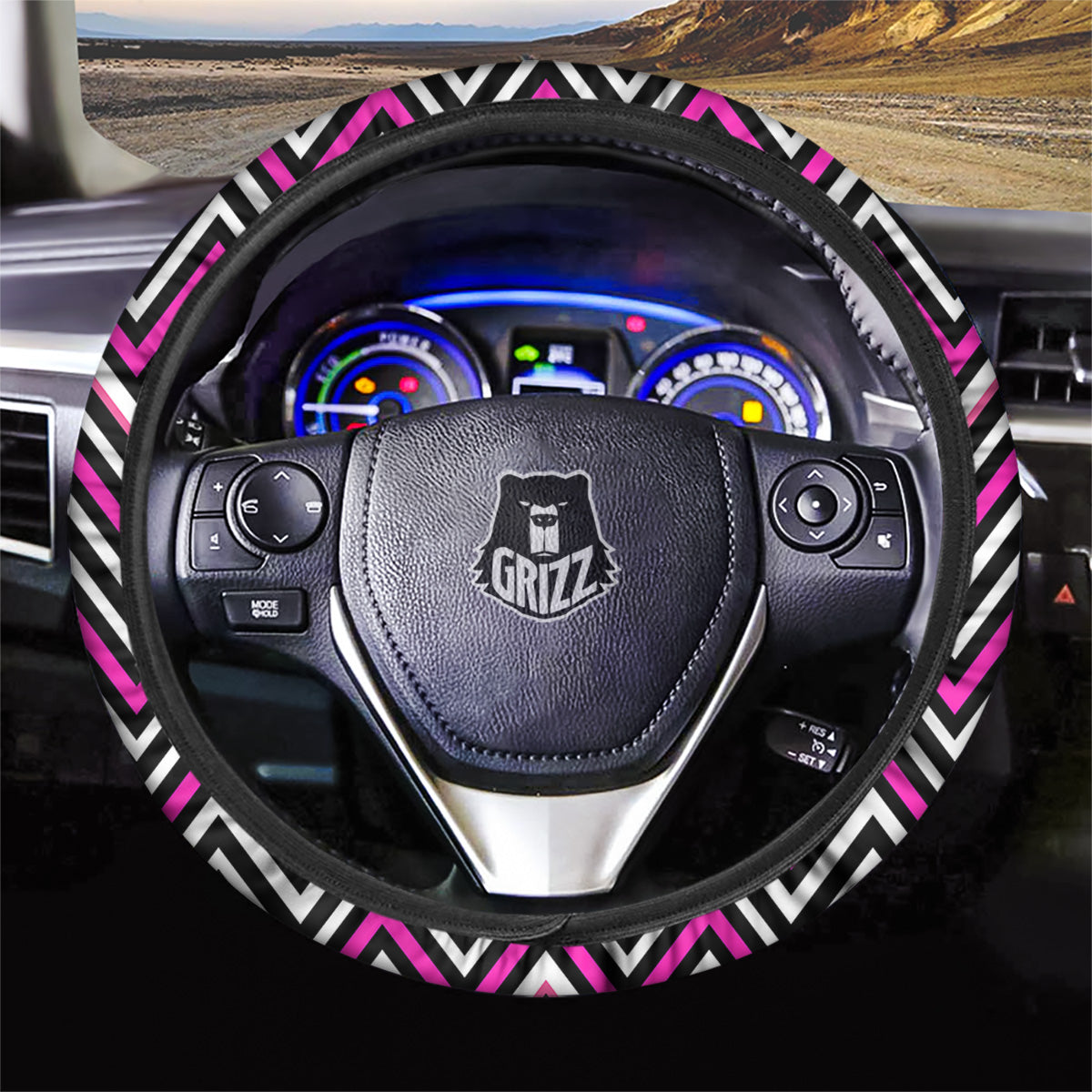 Pink White Black Zigzag Print Pattern Car Steering Wheel Cover-grizzshop