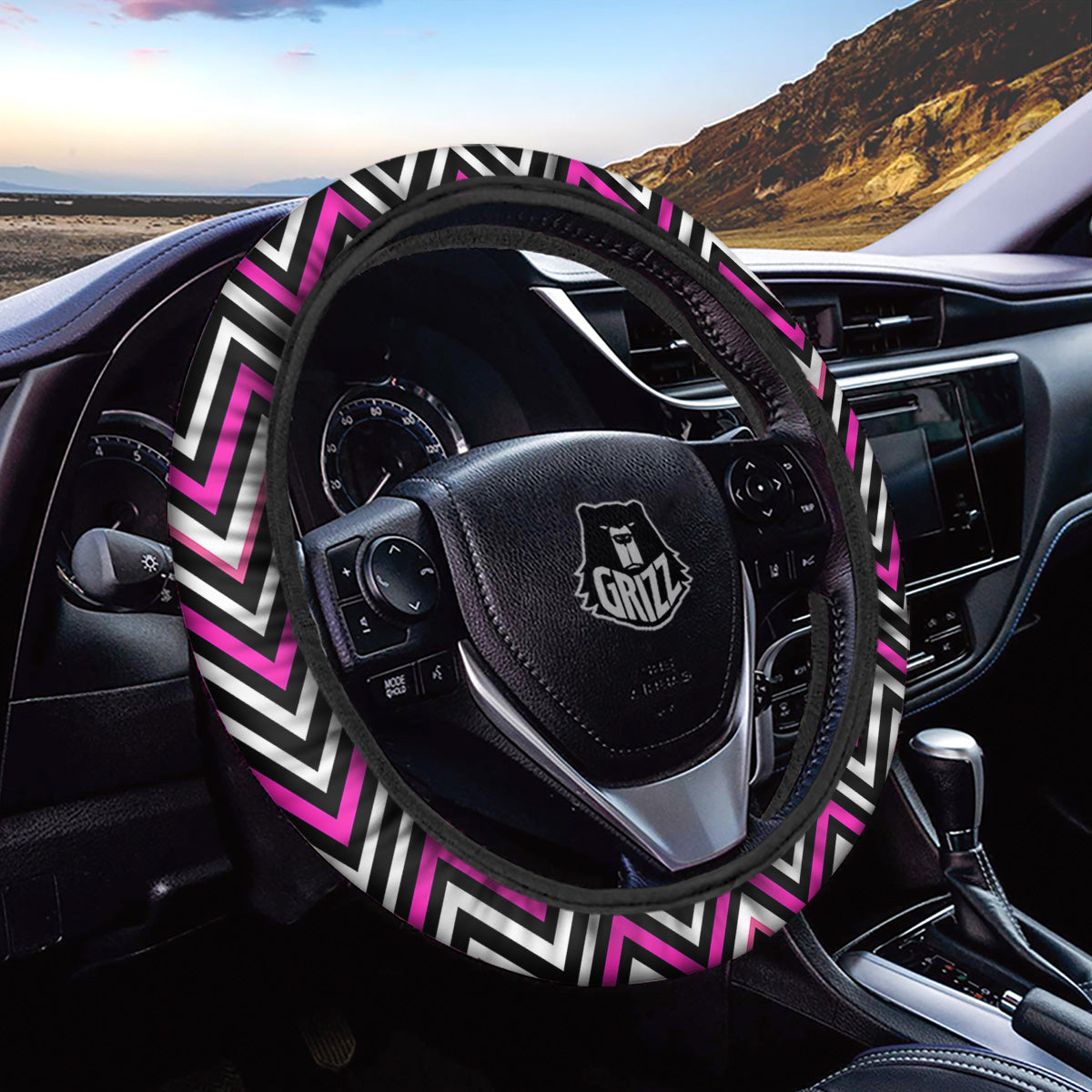 Pink White Black Zigzag Print Pattern Car Steering Wheel Cover-grizzshop