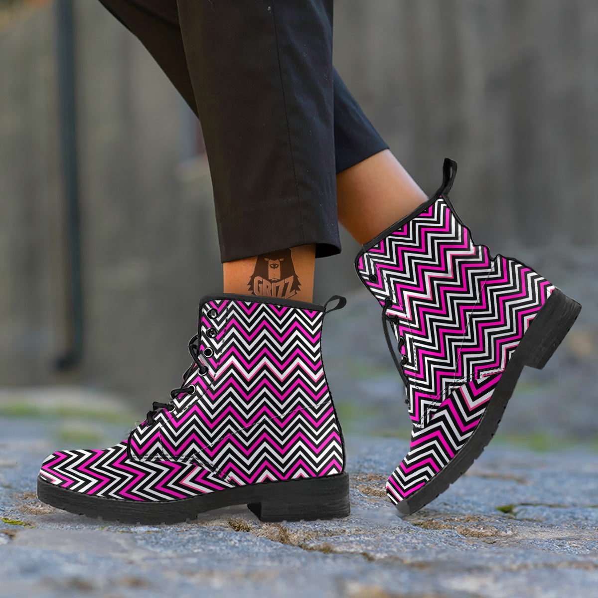 Pink White Black Zigzag Print Pattern Leather Boots-grizzshop