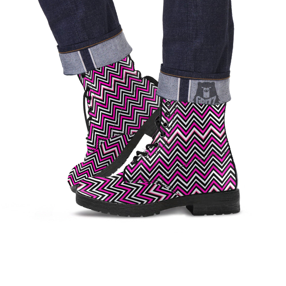 Pink White Black Zigzag Print Pattern Leather Boots-grizzshop