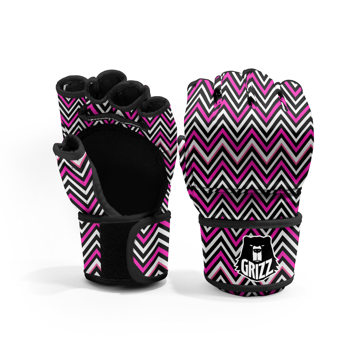 Pink White Black Zigzag Print Pattern MMA Gloves-grizzshop