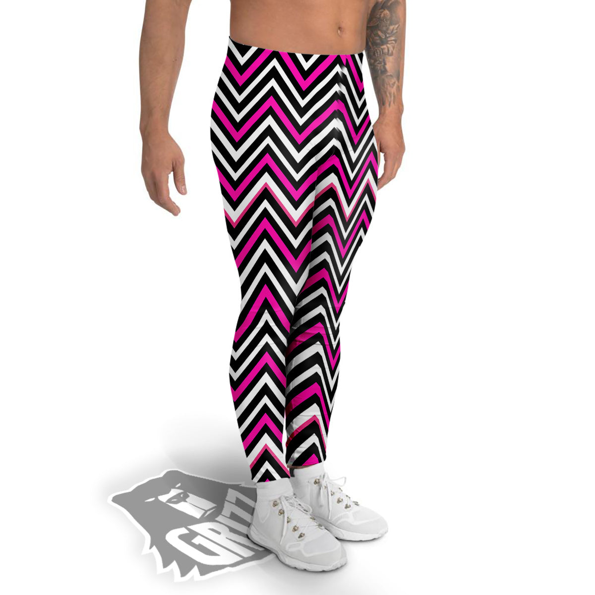 Pink White Black Zigzag Print Pattern Men's Leggings-grizzshop