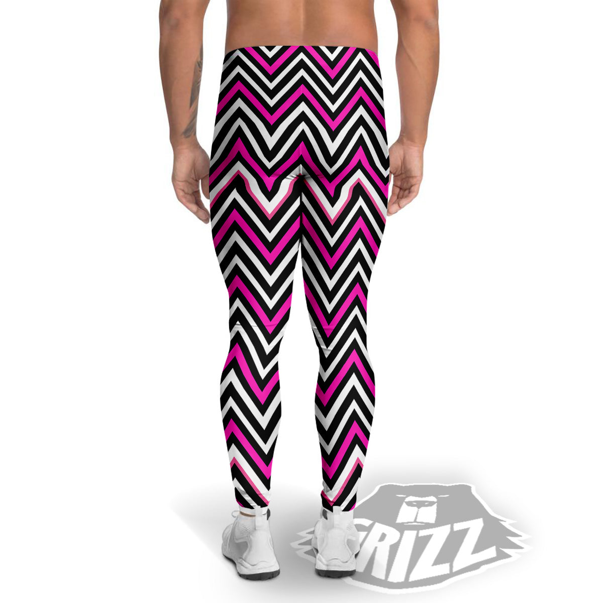 Pink White Black Zigzag Print Pattern Men's Leggings-grizzshop