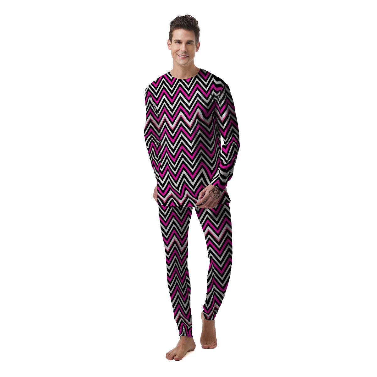 Pink White Black Zigzag Print Pattern Men's Pajamas-grizzshop