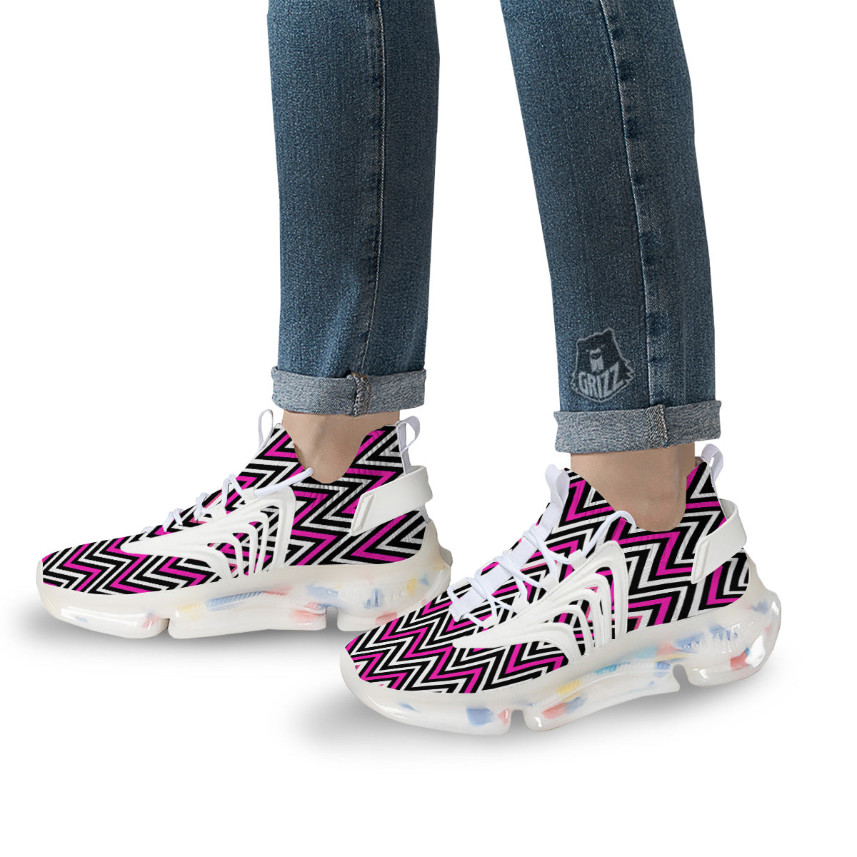 Pink White Black Zigzag Print Pattern White Gym Shoes-grizzshop