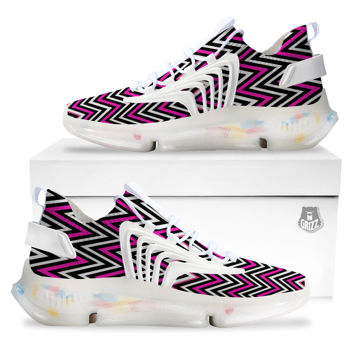 Pink White Black Zigzag Print Pattern White Gym Shoes-grizzshop