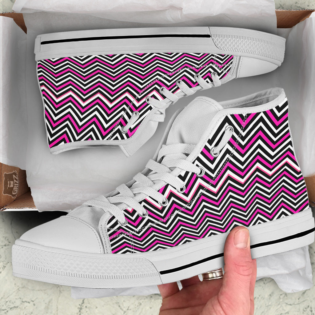 Pink White Black Zigzag Print Pattern White High Top Shoes-grizzshop