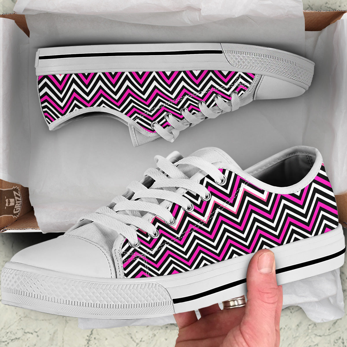 Pink White Black Zigzag Print Pattern White Low Top Shoes-grizzshop