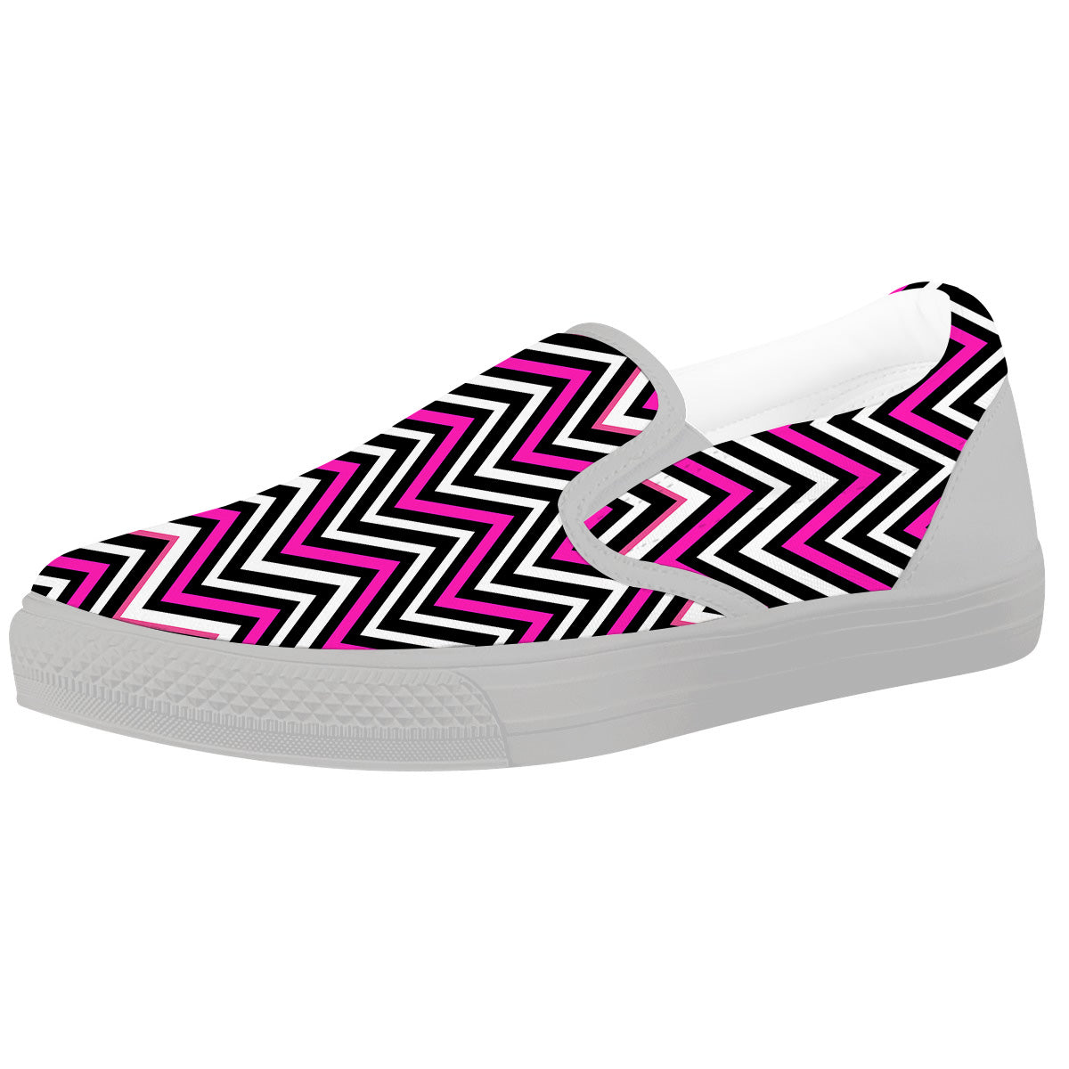 Pink White Black Zigzag Print Pattern White Slip On Shoes-grizzshop