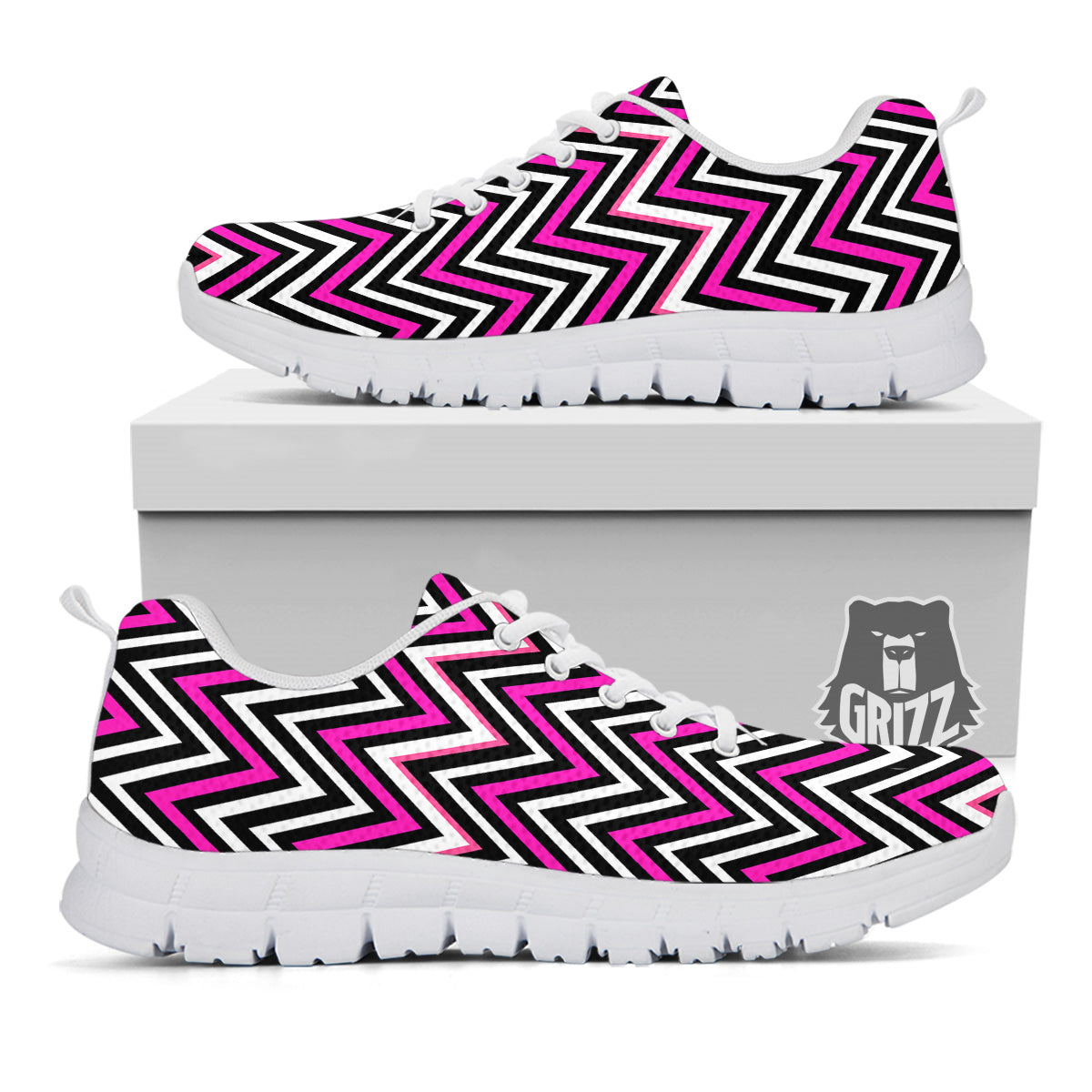 Pink White Black Zigzag Print Pattern White Sneaker-grizzshop