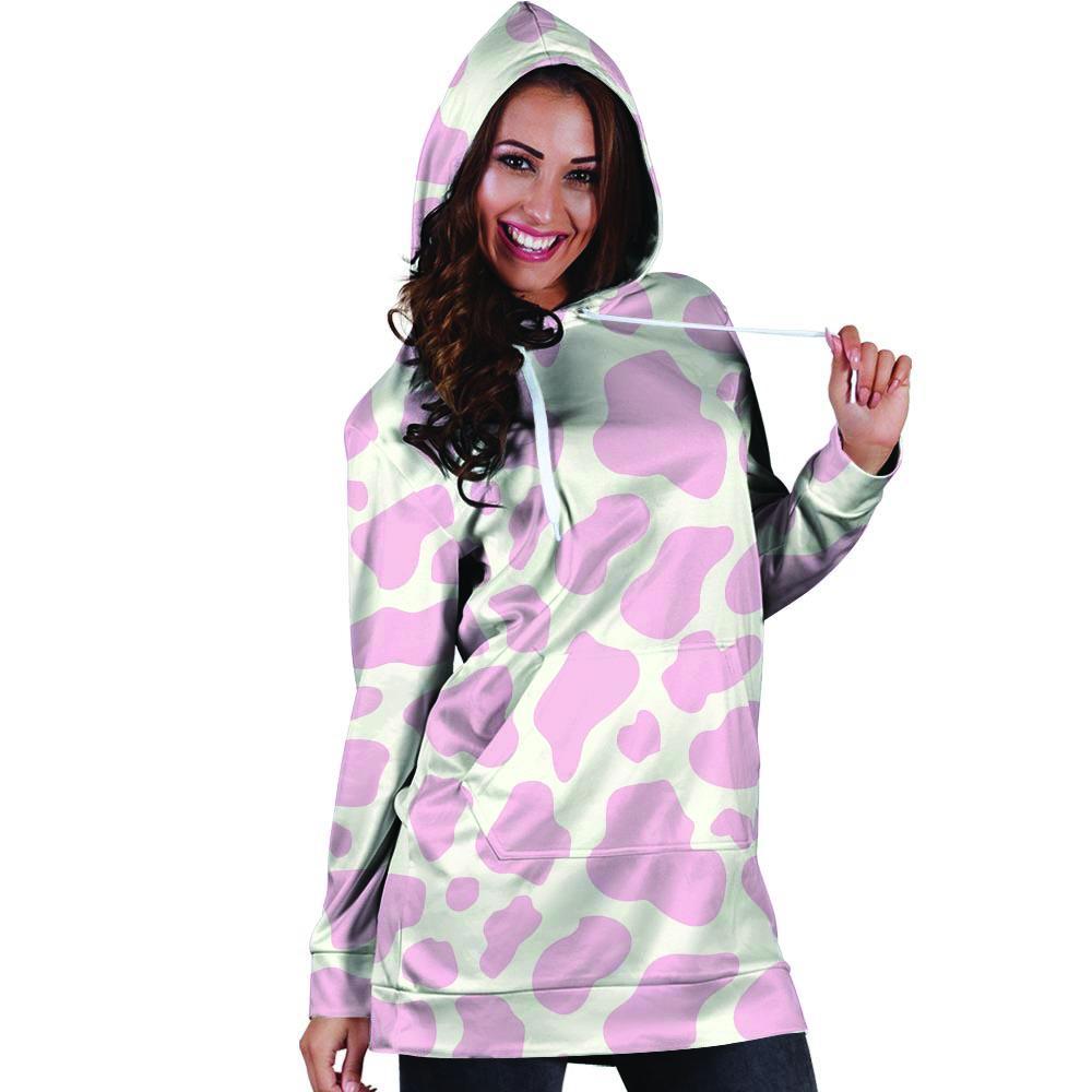 Pink White Cow Print Hoodie Dress-grizzshop