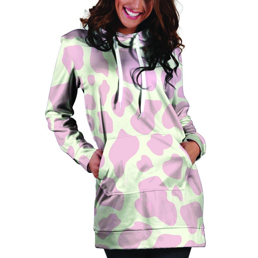 Pink White Cow Print Hoodie Dress-grizzshop