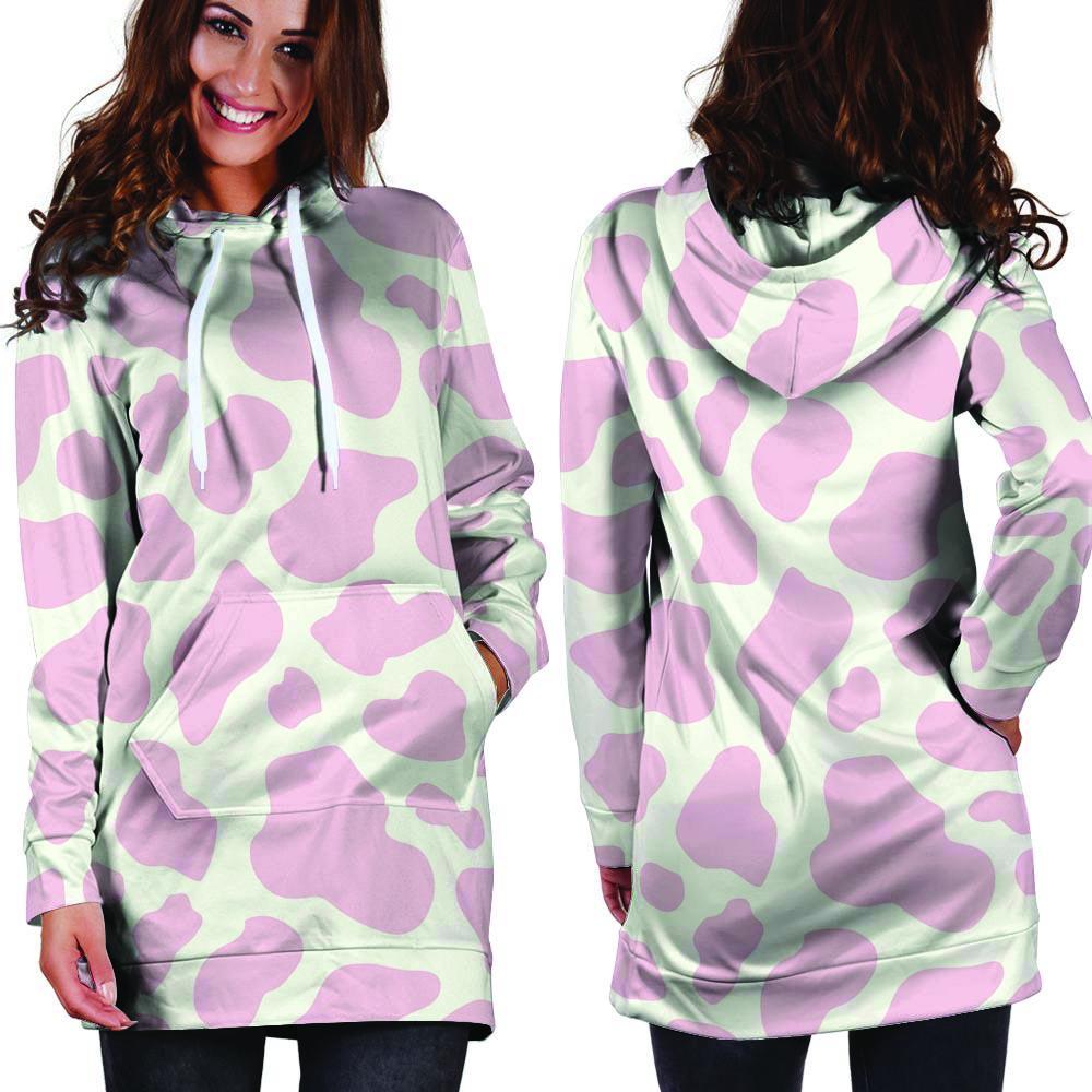 Pink White Cow Print Hoodie Dress-grizzshop