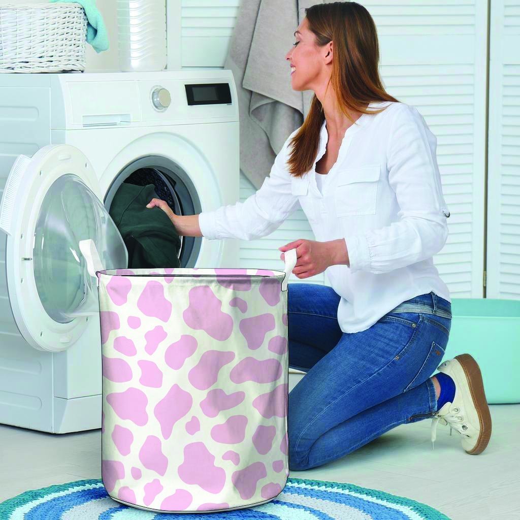 Pink White Cow Print Laundry Basket-grizzshop