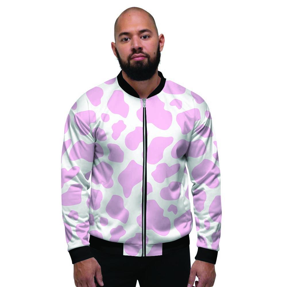 Pink White Cow Print Men's Bomber Jacket-grizzshop