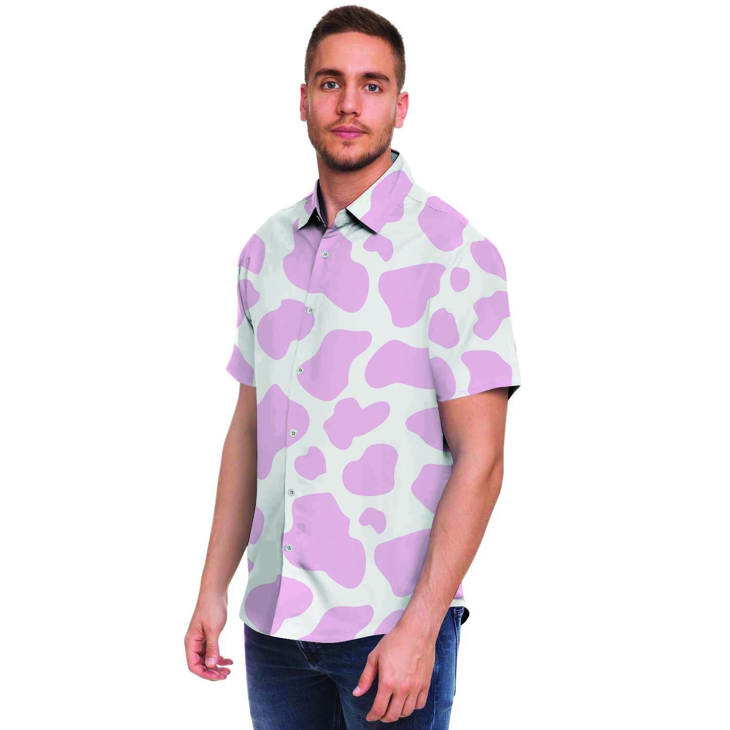 Pink White Cow Print Men's Short Sleeve Shirt-grizzshop