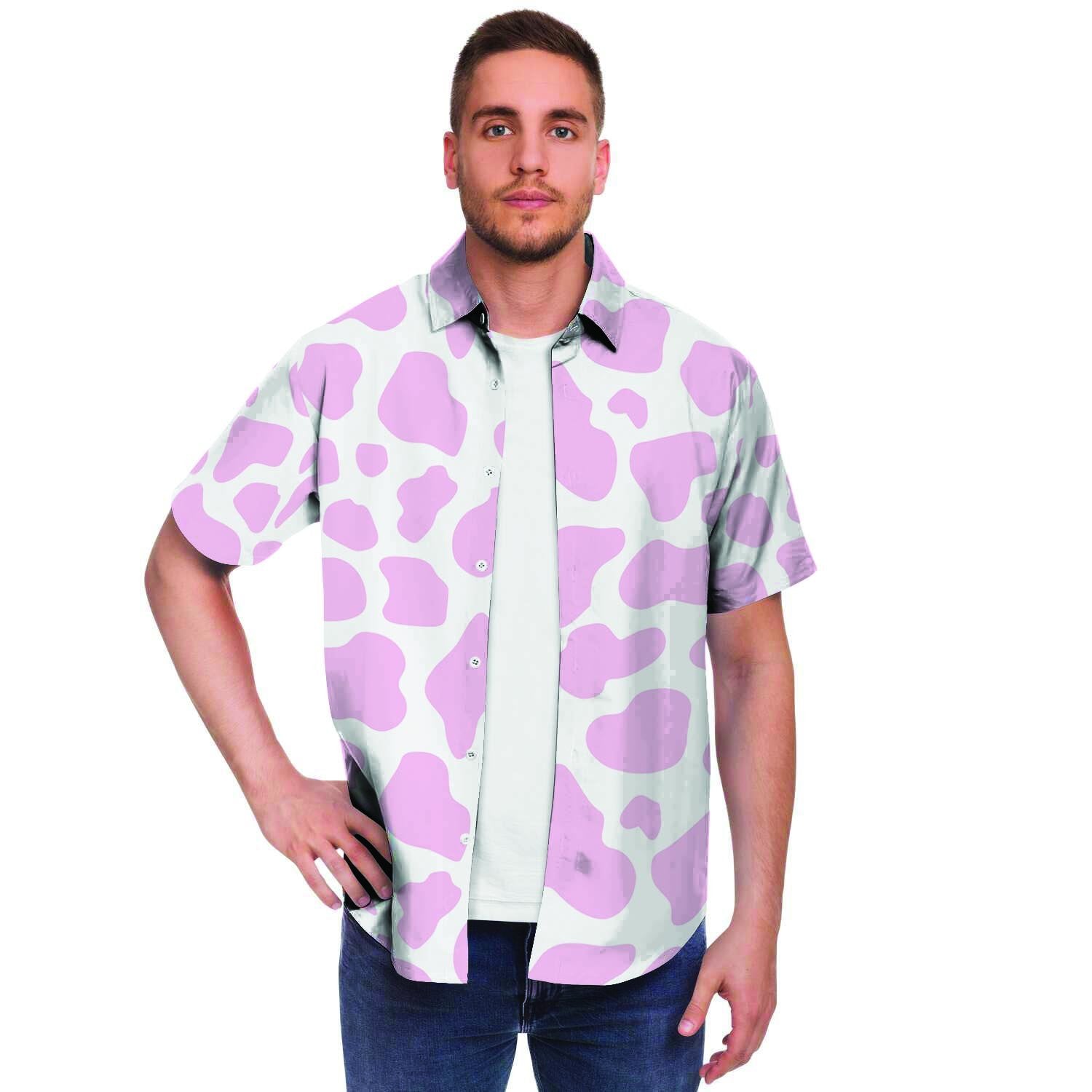 Pink White Cow Print Men's Short Sleeve Shirt-grizzshop