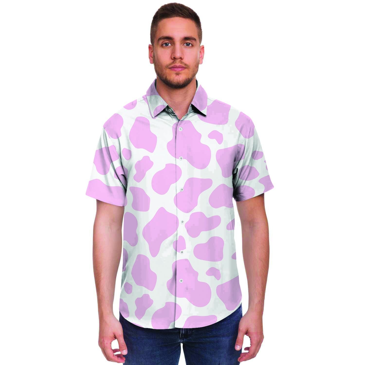 Pink White Cow Print Men's Short Sleeve Shirt-grizzshop