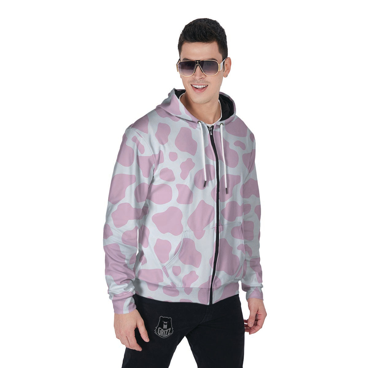 Pink White Cow Print Men's Zip Up Hoodie-grizzshop
