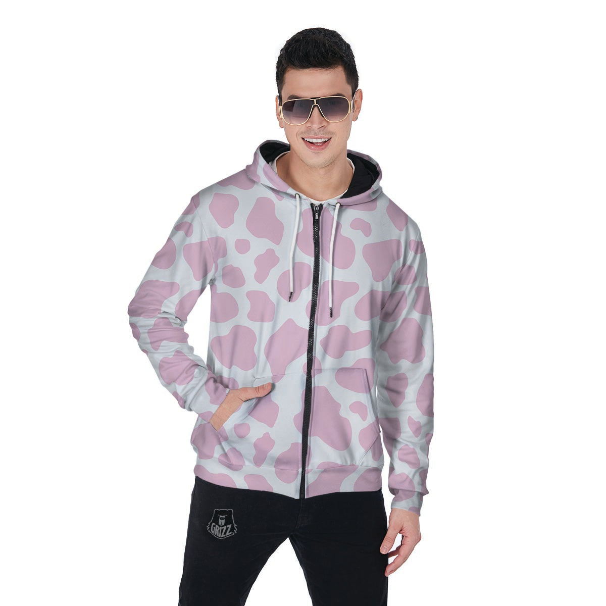 Pink White Cow Print Men's Zip Up Hoodie-grizzshop