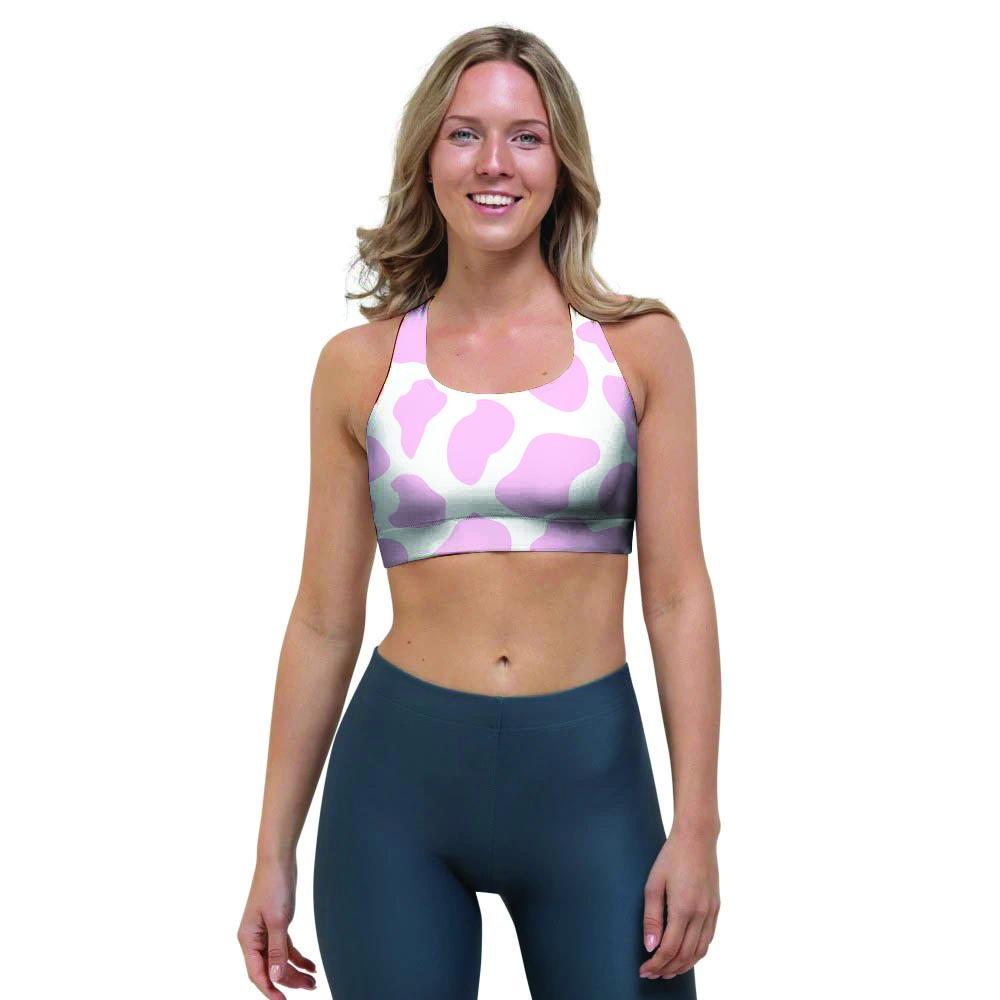 Pink White Cow Print Sports Bra-grizzshop