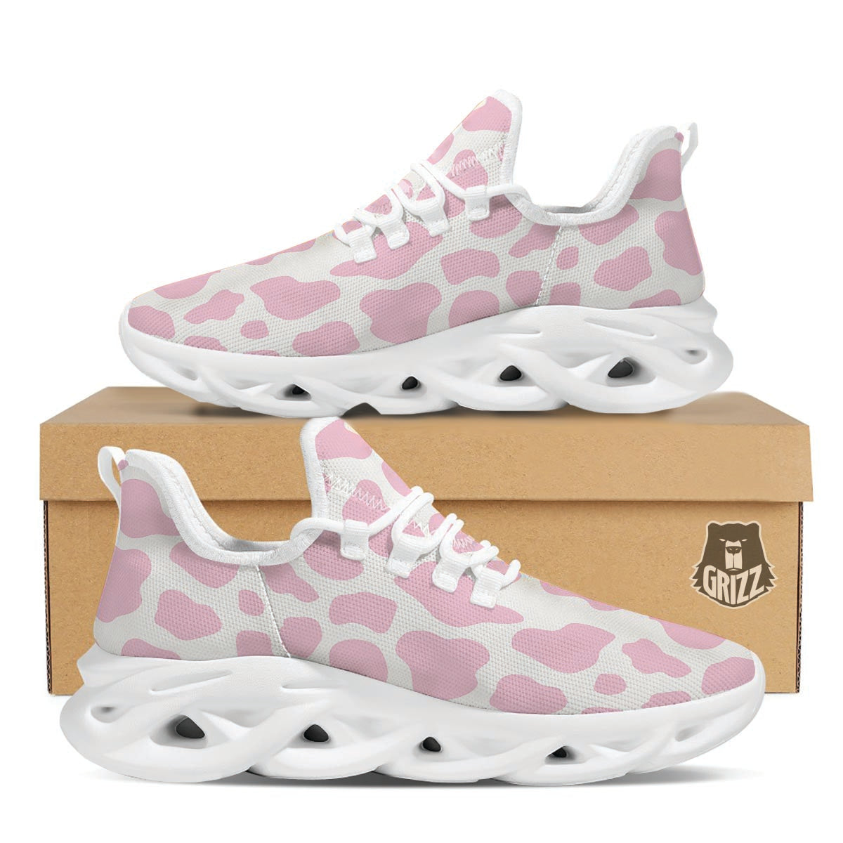 Pink White Cow Print White Running Shoes-grizzshop