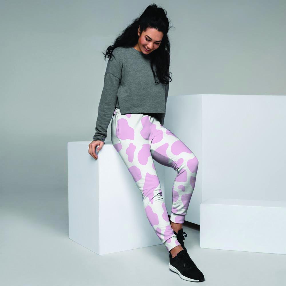 Pink White Cow Print Women's Joggers-grizzshop